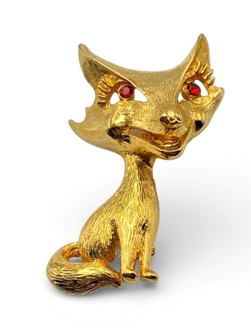Vintage JJ Jonette Animal Fox Brooch Pin Gold Tone w/Red Eyes 1980s Signed
